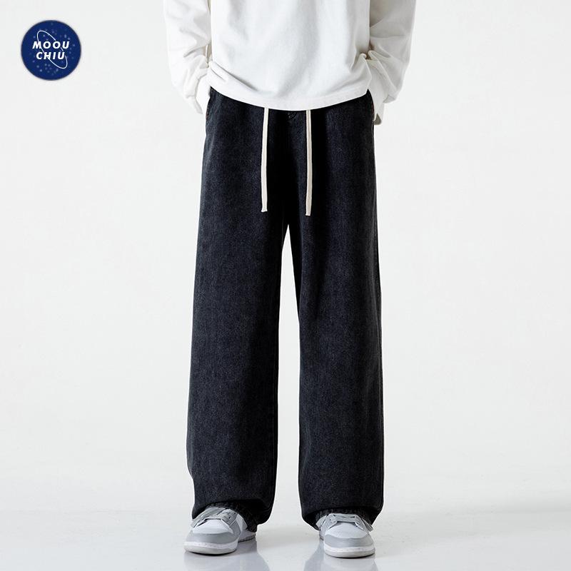 Muxiu Men's Trendy Black Unisex Wide Leg Jeans - Loose Straight Leg High Street Style Pants