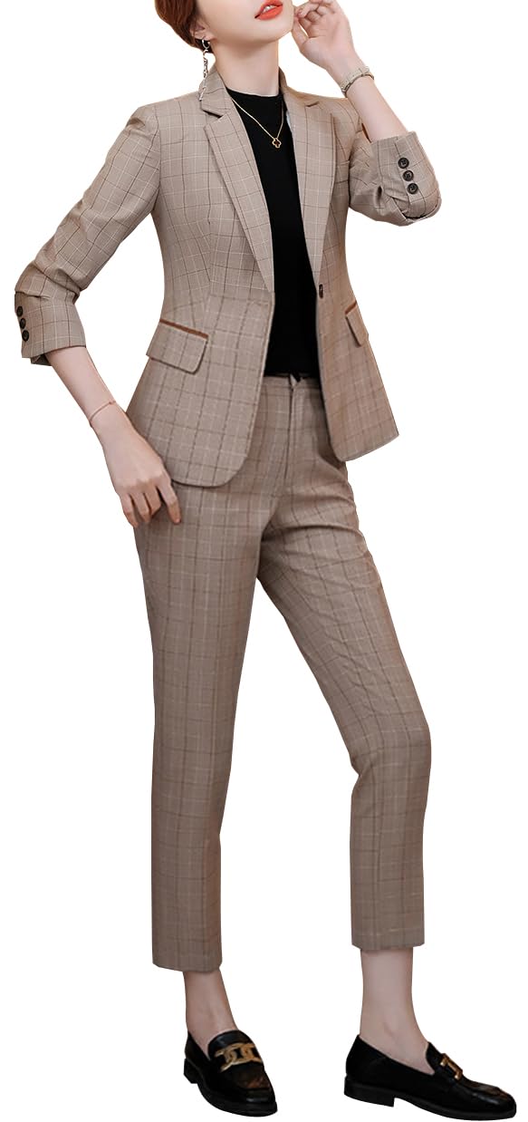 

Suit Tailored Jacket and Checkered Single Job Office Entrance Graduation Ceremonies [ZHENGTU] Women s Set Two-Piece Pantsuit, Button, Stylish,