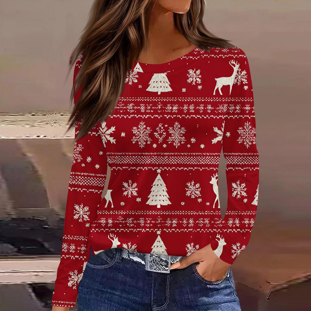 Dámská móda Ležérní rozparek na lemu Kulatý výstřih Dlouhý rukáv Volné vánoční potištěné tričko Dámský top