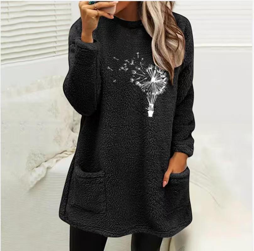 Women's Loose Fit Crew Neck Tunic Sweatshirt Long Sleeve Double Fleece Pullover Top Dandelion Floral Print Casual Fall Sweater With Side Pockets