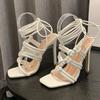 Fashion Luxury Rhinestone Hollow Slide Sandals Women Summer Cross Tied Thin High Heel Roman Sandals Sexy Banquet 42 Plus Size Dress Shoe
