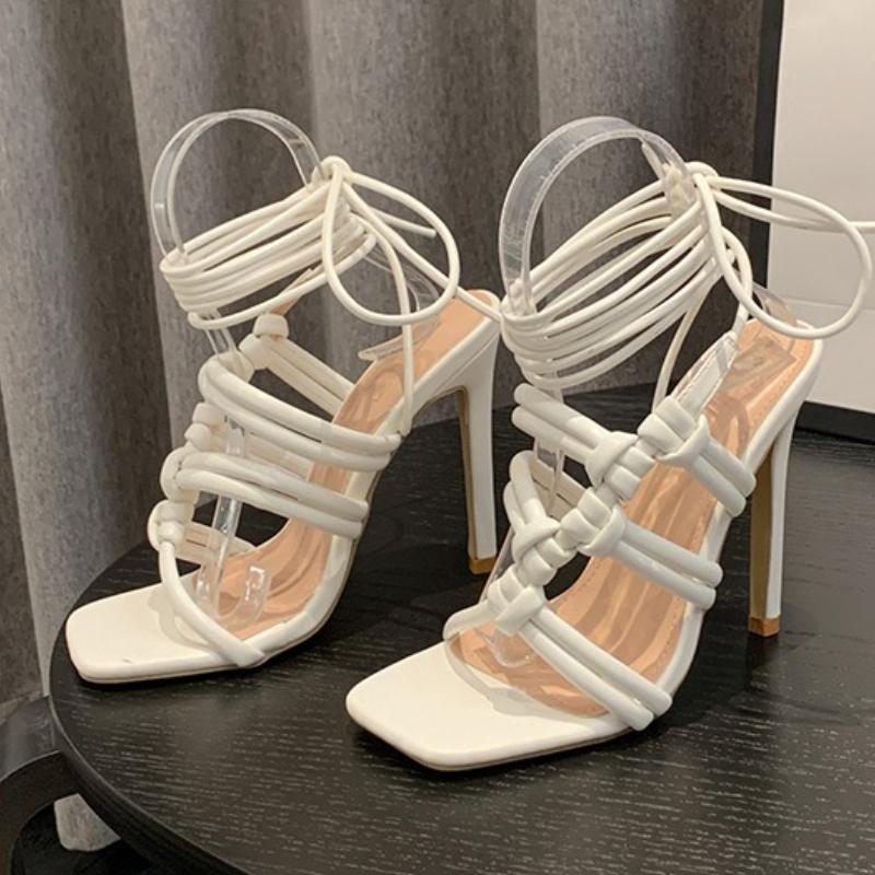 Fashion Luxury Rhinestone Hollow Slide Sandals Women Summer Cross Tied Thin High Heel Roman Sandals Sexy Banquet 42 Plus Size Dress Shoe