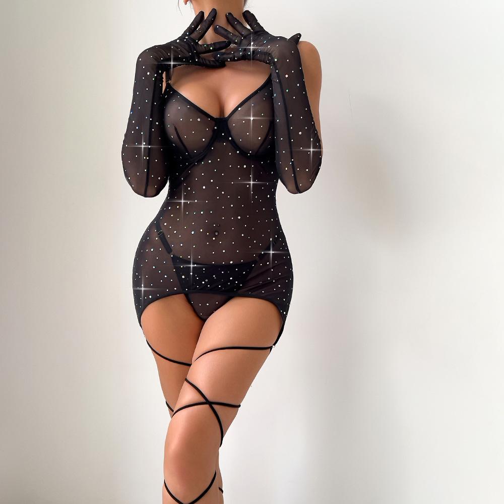 Sequin Transparent Lingerie Set with Gloves Women Mesh 3-Piece Brief Intimates Sexy Erotic Underwear Set