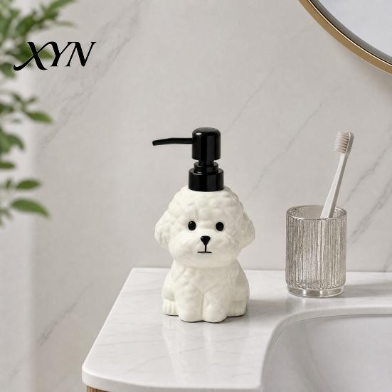 Pet Soap Dispenser 400ML Ceramic Dog with Plastic Pump, Puppy Shape Refillable Bathroom Liquid Hand Container, Empty Shower Gel Lotion Bottle