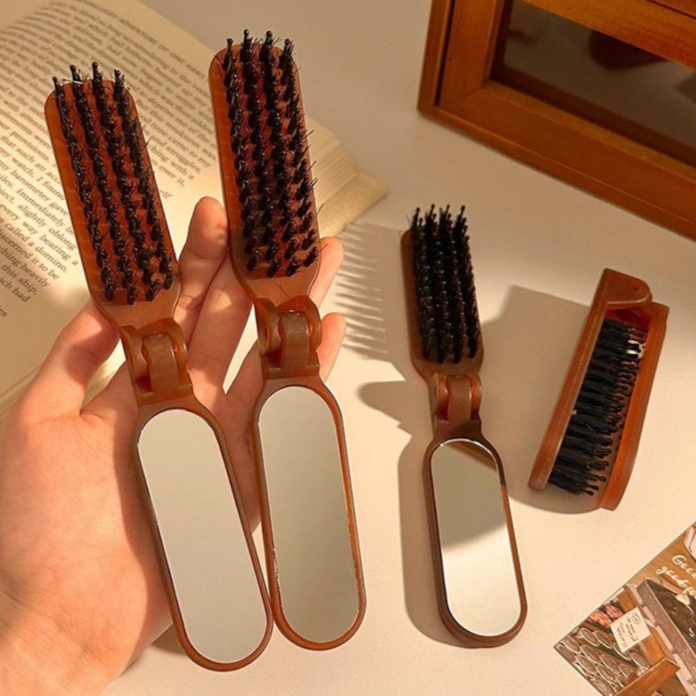 1Pc Boar Bristle Massage Hair Comb Anti Static with Makeup Mirror Folding Comb High Skull Integrated Styling Combs Supplies