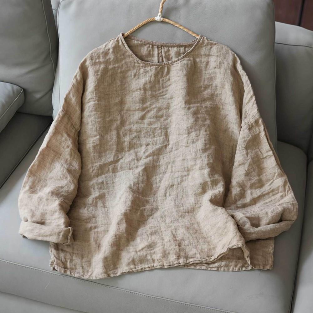 Johnature Women T-Shirts Vintage Spring Chinese Style Solid Color Long Sleeve O-Neck Loose Female T-Shirts