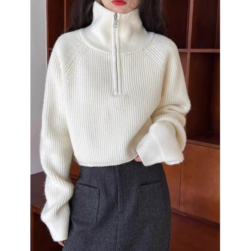 Design Sense Half-turtleneck Ladies Zipper Red Sweater, Spring and Autumn New High-waisted Sweater Loose and Thickened 6974#
