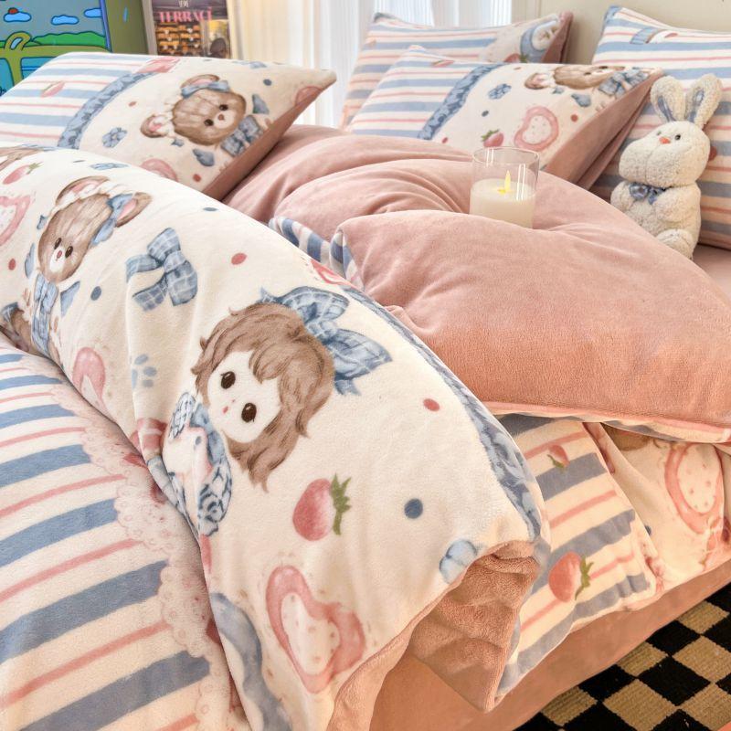 Vintermelk flanell 4-delt sett flens pluss flanell dynesett laken hatter Seng 3-delt sett