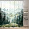 Rustic Green Mountain Shower Curtain for Bathroom Nature Misty Pine Tree Modern Woodland Watercolor Scenery Landscape Fabric