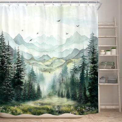 Rustic Green Mountain Shower Curtain for Bathroom Nature Misty Pine Tree Modern Woodland Watercolor Scenery Landscape Fabric