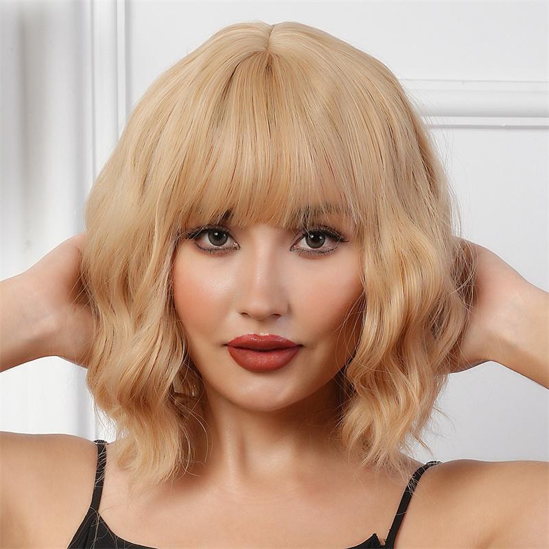 Synthetic Hair Yellow Blonde Wigs for Women Short Wavy Curly Wig with Bangs Water Wave Wig Daily Girls Cosplay Halloween Party