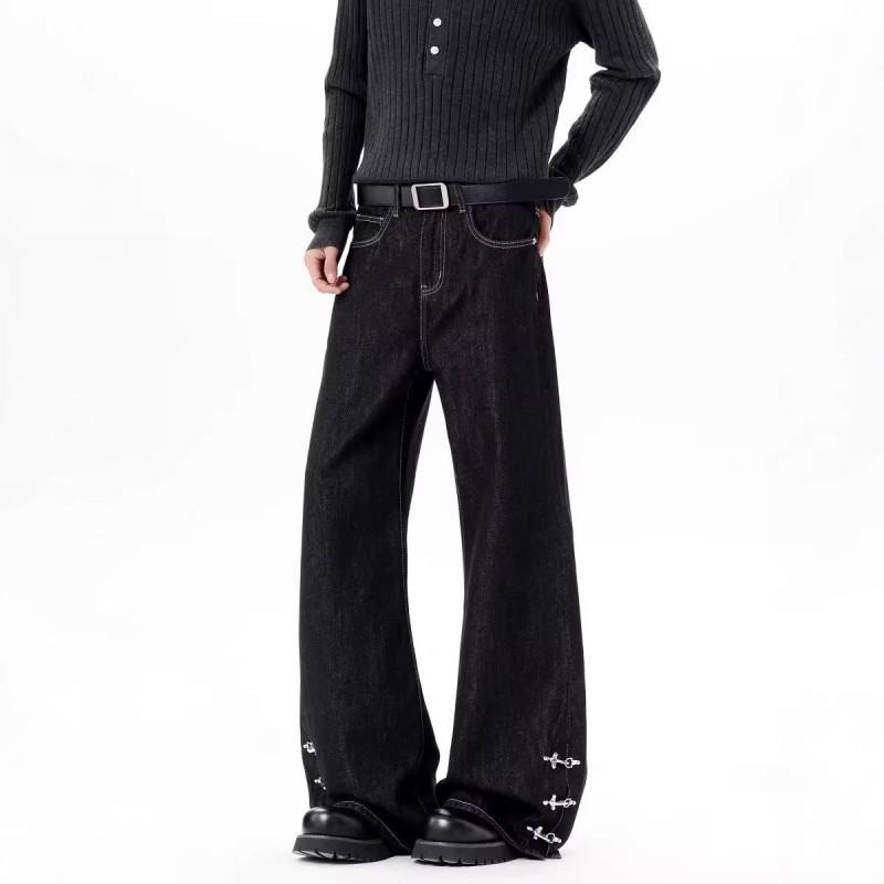 Unisex Water-Washed Denim Jeans With Metal Aircraft Buckle Detail Slight Flare Leg Mid-Rise Long Pants