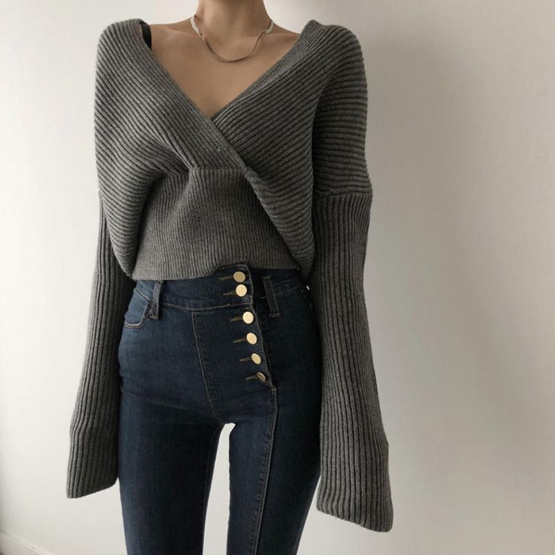 

Осень-зима женские однотонные свитера вязаные v-образным вырезом крест дикие модные сексуальные пуловеры женские винтажные топы трикотаж One Size серый