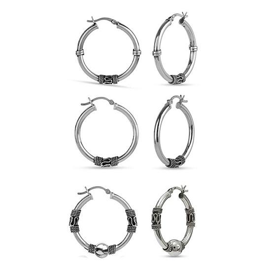 LeCalla S925 Sterling Silver Jewelry Set of 3 Pair Antique Click-Top Bali Hoop Earring for Women 30MM