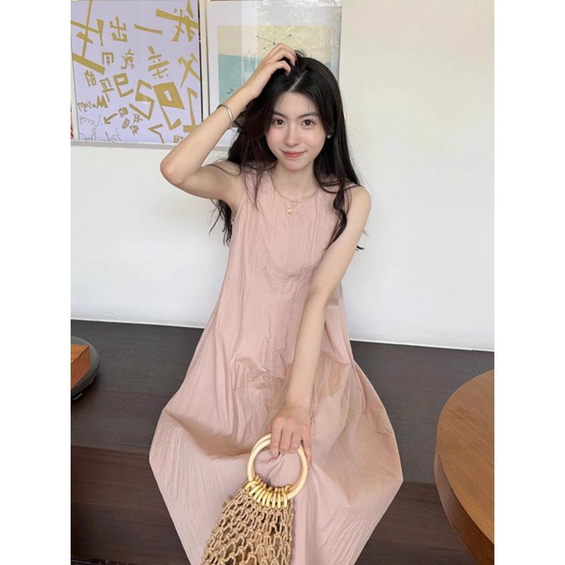 French high-end pink sleeveless vest dress women's summer seaside vacation loose and thin temperament beautiful long dress