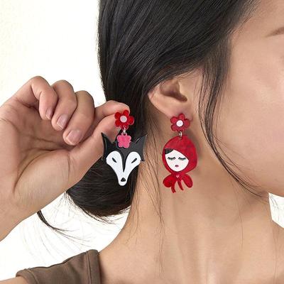 Cartoon Asymmetric Dangle Earrings Cute Funny Wolf Red-cap Figure Acrylic Jewelry Women Girls Party Unique Accessories