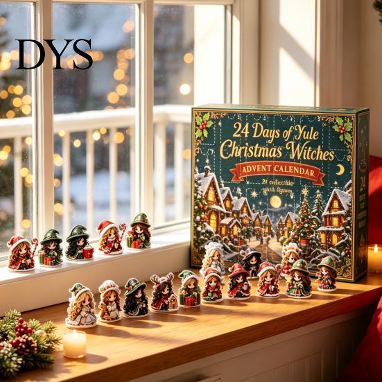 Witch Themed Holiday Countdown Toys Christmas Witches Advent Calendar 2026, 24 Days Yule Box, 2D Daily Surprise Gift for Kids Acrylic Figurine Signs,