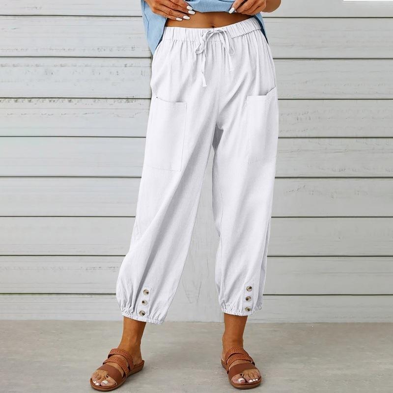 Women's High Waist Linen Pants Loose Fit Cropped Trousers Solid Drawstring Button Casual Fall Harem Pants