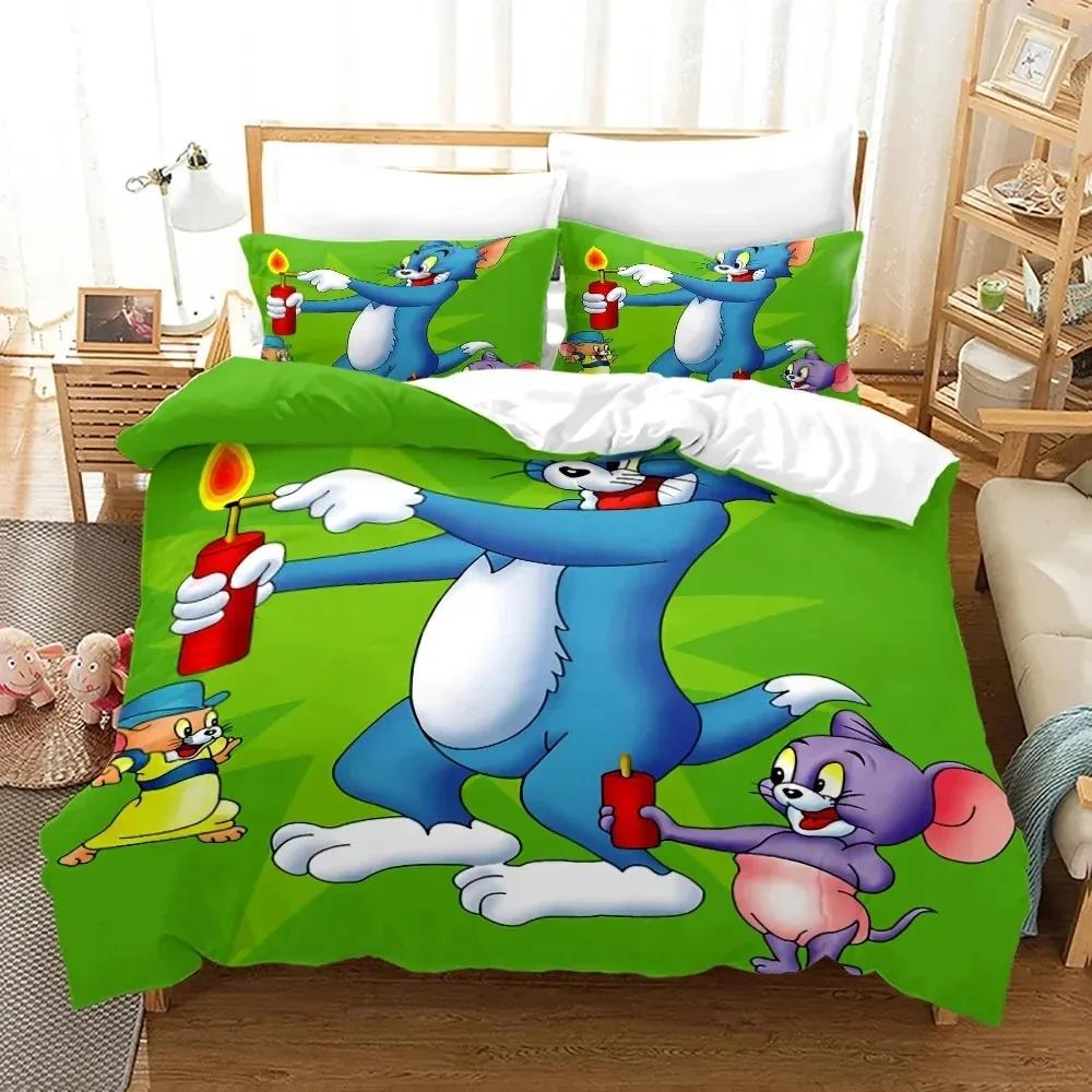 Cartoon T-Tom Muis en Kat Beddengoed Set J-Jerry Dekbedovertrek Beddengoed Set Dekbedhoes Kussensloop Dekbed King Queen Maat Jongens Volwassenen AU Double(180*210cm)3pcs