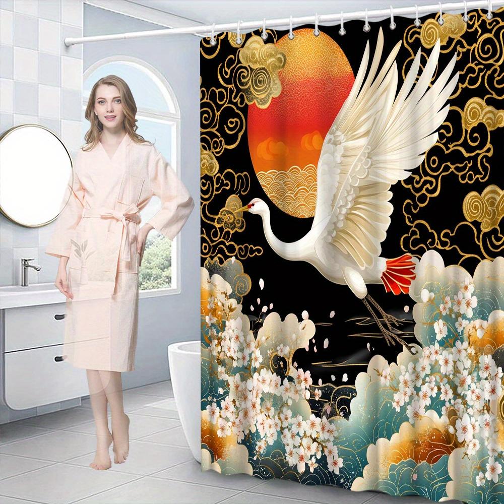 1Pc Japanese Art Inspired Polyester Shower Curtain, Vibrant Sunset Stylized Waves, Washable, 12 Hooks, 70*70 Inches