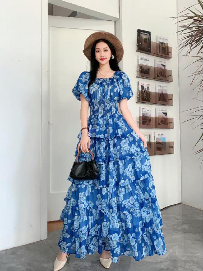 Retro Floral Chiffon Slimming Dress: Women's Summer Puff Short Sleeve High-End Vacation Cake Dress