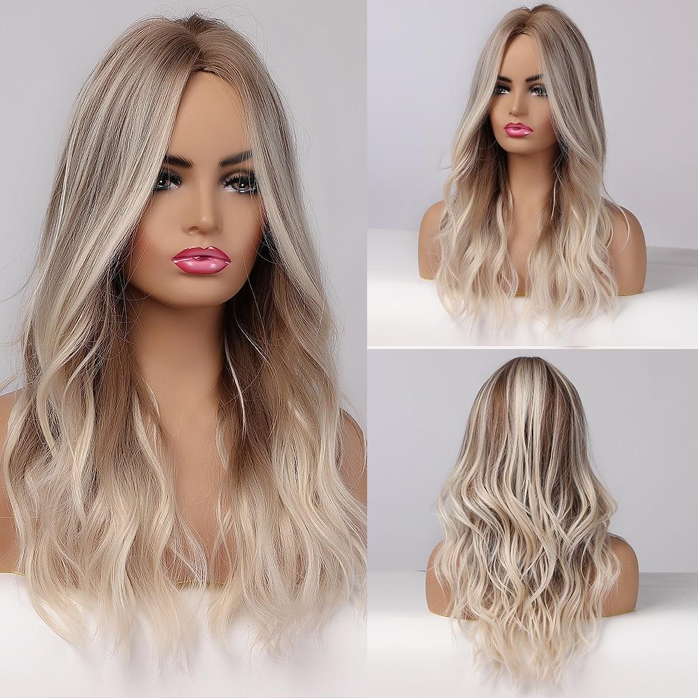 ALAN EATON Medium Long Water Wave Ombre Brown Blonde Synthetic Wigs Natural Middle Part Heat Resistant Hair Wigs for Black Women
