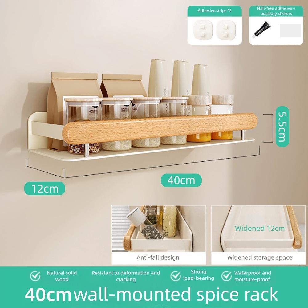 Wooden Material Spice Rack Shelf No Drill Installation Wall Storage Rack  Living Room Use