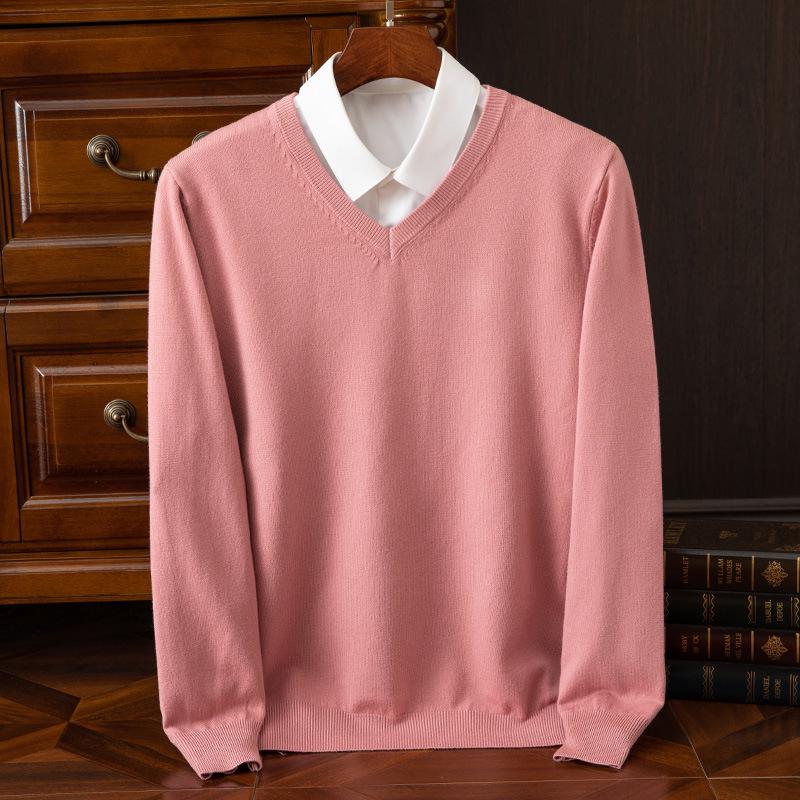 Suéter de Punto para Hombre con Cuello en V - Casual, de Negocios, Corte Holgado, Color Sólido, Manga Larga