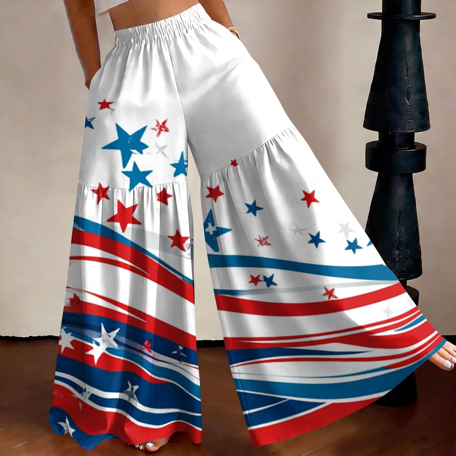 

Women’s High Waist Loose Wide Leg Lightweight Long Pants with Star and Stripe Print for Casual Summer Wear XL