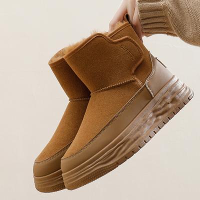 Chunky Sports Style High-top Plush Warm WOMEN'S Snow Boots Fashion Brown Suede Leather 4cm Wedges GIRL'S Outdoor Cotton Shoes