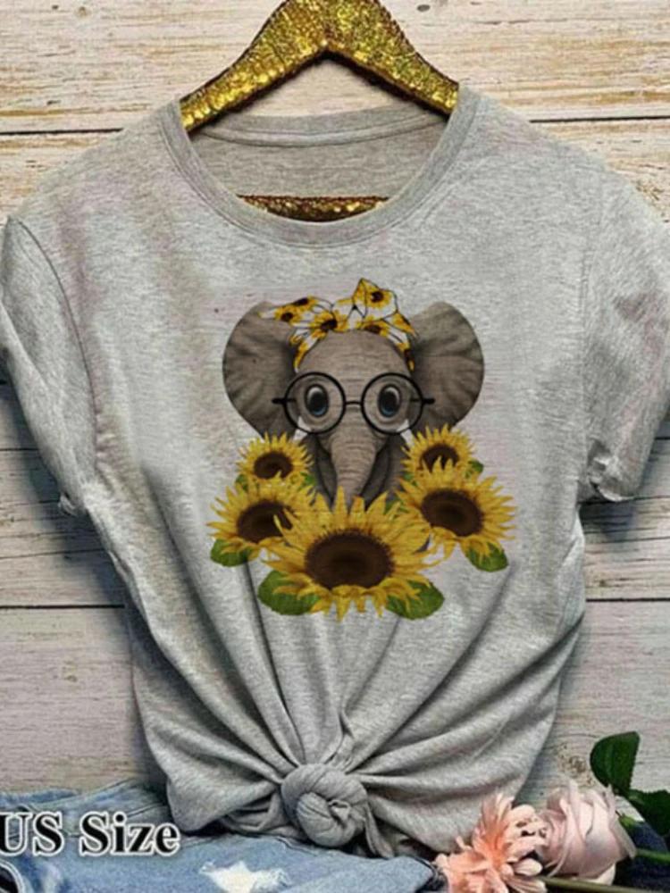 Cartoon Sunflower Elephant Print T Shirt Women Short Sleeve O Neck Loose Tshirt Summer Women Tee Shirt Tops Camisetas Mujer