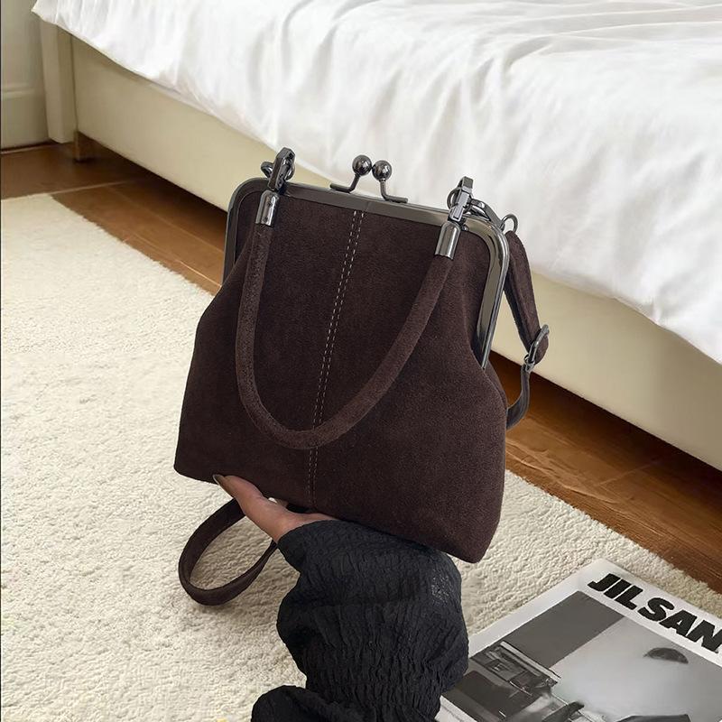Large Capacity Retro Frosted Handbag Kiss Lock Short Handle Leather Crossbody Bag Clip Closure PU Clutch Shoulder Bag