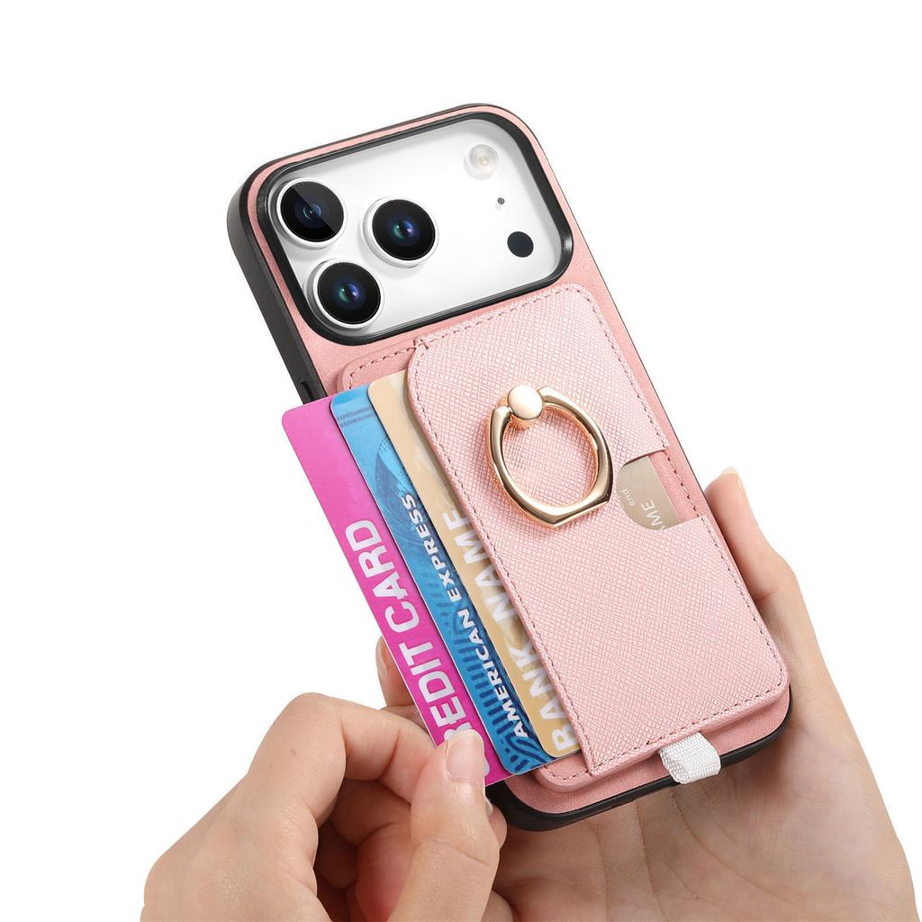 For iPhone 17 Pro Case Ring Kickstand Leather+TPU+PC Phone Cover Detachable Card Holder