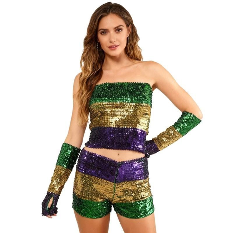 Mardis Gras Costume Accessories Sequins Tube Top Shorts Arm Sleeves Halloween Cosplay Costume for Carnival Masquerades