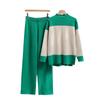 2-teiliges Pullover-Set für Damen, Farbblock, locker gestrickt, Pullover, Oberteil, weite Hose, Lounge-Set, passende Sets, Herbst-/Winter-Reise-Outfits, Trainingsanzug für Frauen