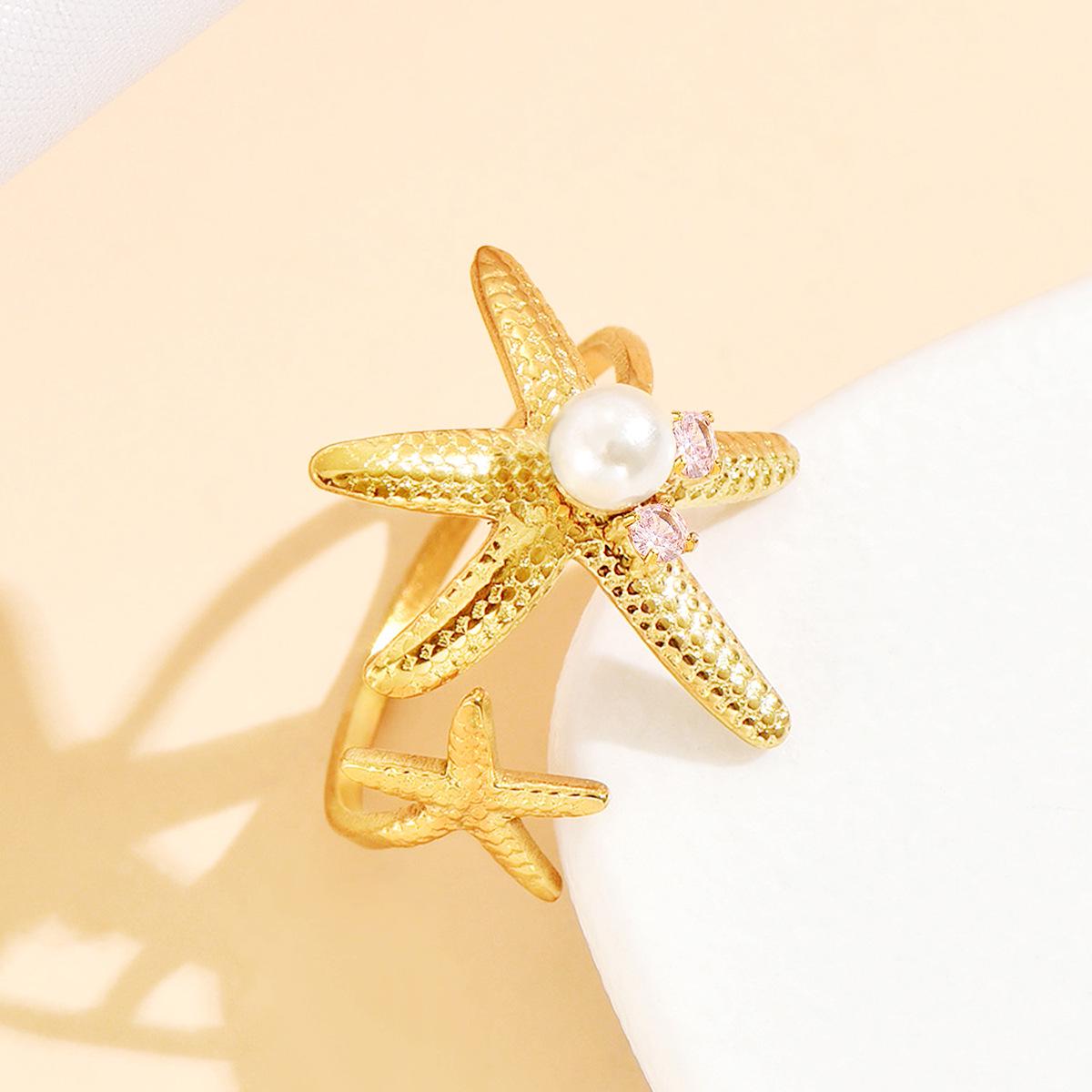 Stainless Steel Starfish and Rhinestone Zircon Ring