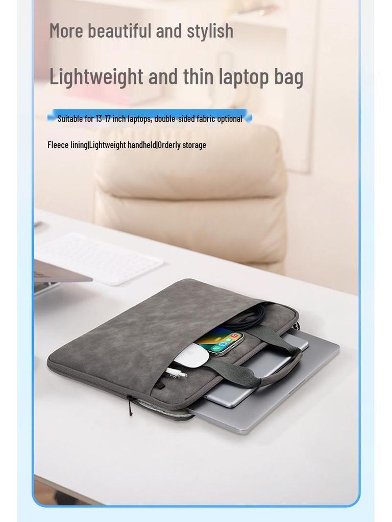 13"–16" Light Grey PU Sheepskin Laptop Bag: Delicate Touch, Splash-Proof, Shockproof.