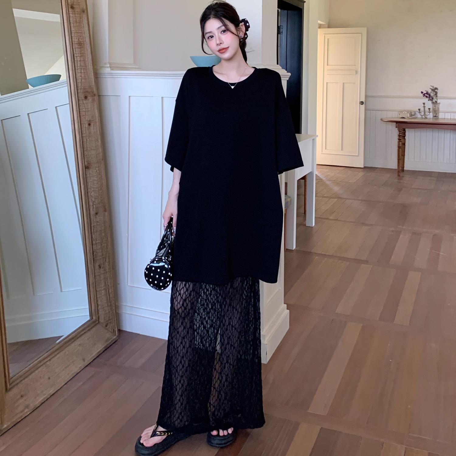 

DIMANAF 2025 Summer Plus Size Dress Women Vintage Dress Basic Long Lace Spliced Elegant Loose Casual Black Dress L чёрный