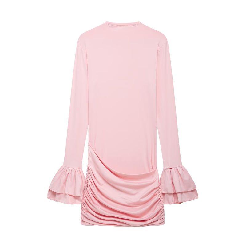 

Kaslead New Arrival Women s Clothing Fashion Style Fashion Slim-Fit Flared Sleeves Pleated Hip Bag High Waist Dress Pink L