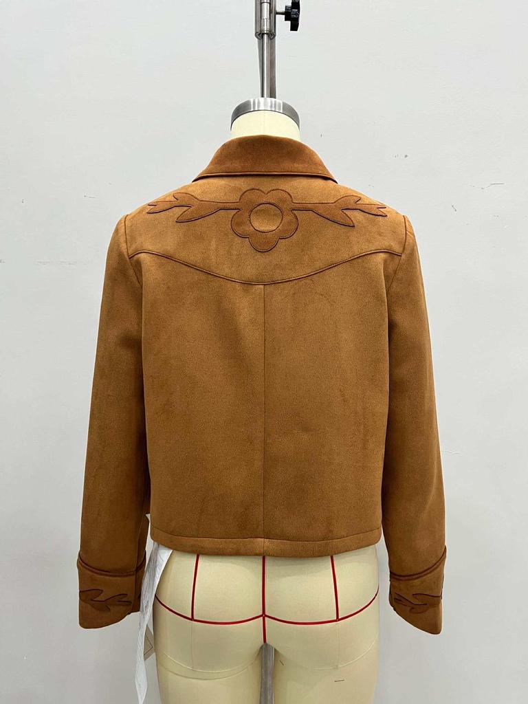 Retro Elegant Suede Flower Embellished Lapel Short Jacket