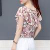 Office Lady Floral Printed Blouse Summer Straight Elegant V-Neck Women's Fashion Ruffles Spliced Short Sleeve Chiffon Shirt
