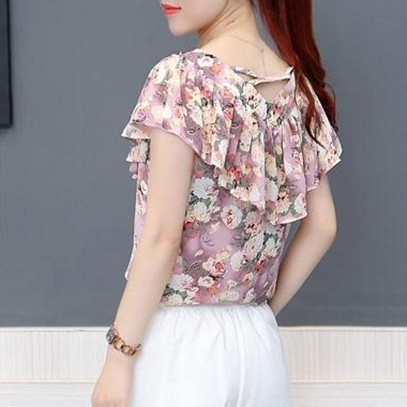 Office Lady Floral Printed Blouse Summer Straight Elegant V-Neck Women's Fashion Ruffles Spliced Short Sleeve Chiffon Shirt