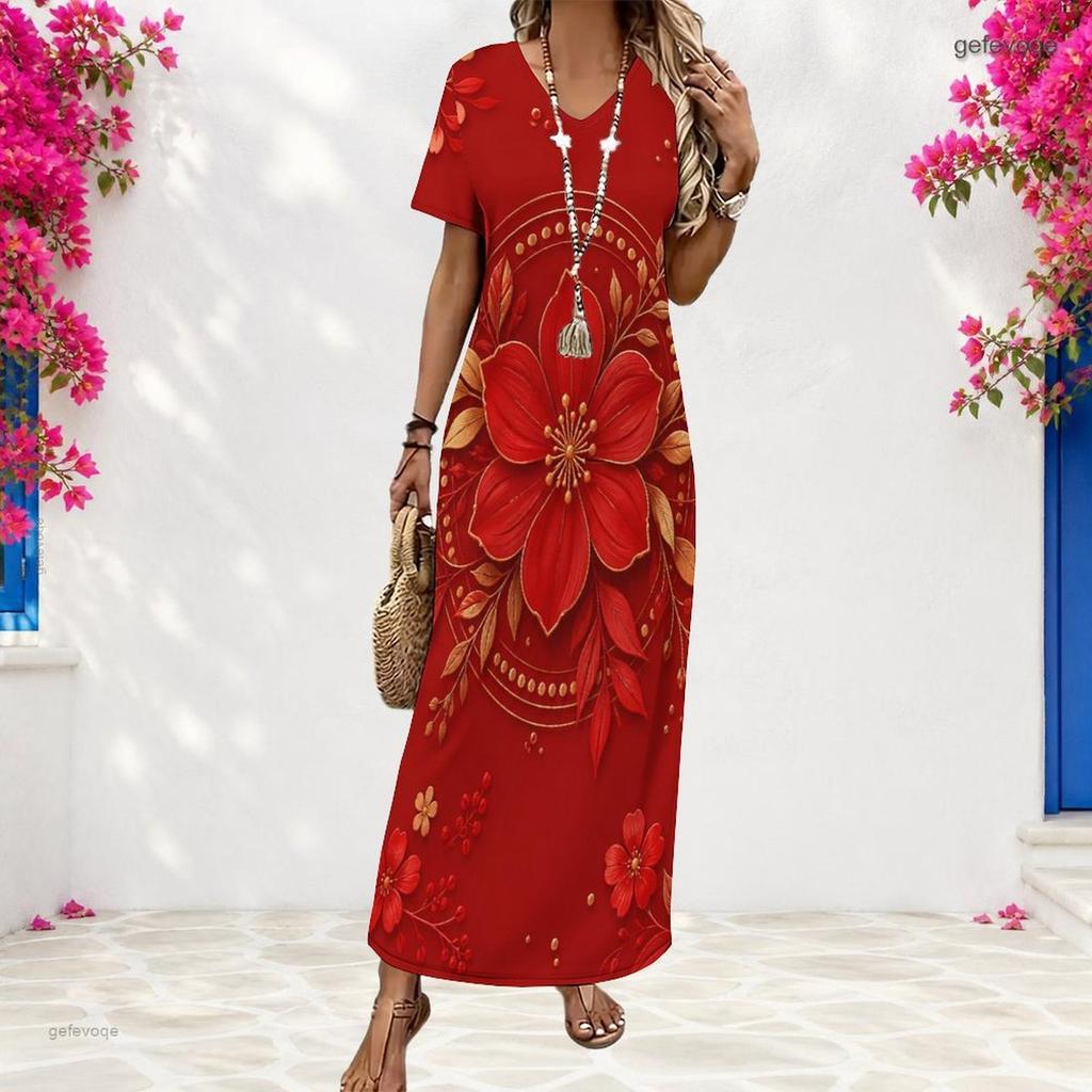 Women Plus Size V Neck Short Sleeve Printed Navy Blue Straight Maxi Dress