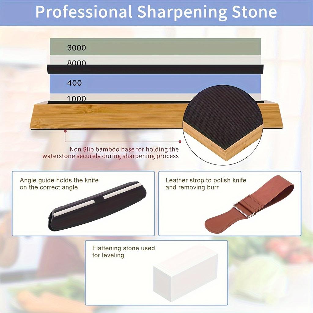 Sharpening Stone Set 4 Side Grit 400/1000 3000/8000, Premium Knife Sharpener, Knife Sharpening Stone Kit with Bamboo Base