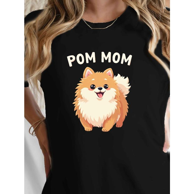 

Womens Fluffy Pomeranian Dog Print Short Sleeve Crew Neck Summer Casual Tee S чёрный