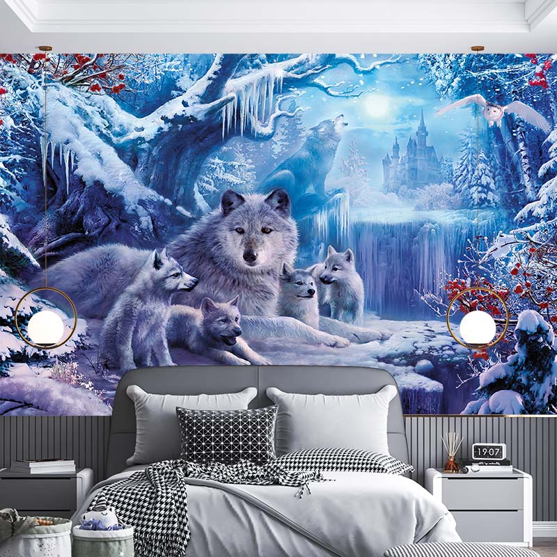Wolf Snow Mountain Plum Blossom Castle Animal Living Room Bedroom Wallpaper Mural