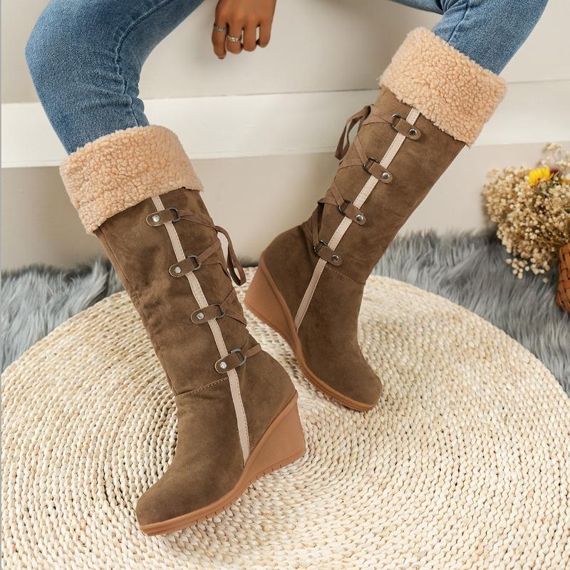 Flap Mao Mao Muffin Thick-soled High Boots Women's Autumn and Winter New Slope Heel Snow Boots Women's Warm Fringed Cotton Boots