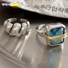 925 Sterling Silver Blue Zircons Engagement Rings for Women Couples Vintage Handmade Irregular Geometric Party Jewelry Gifts
