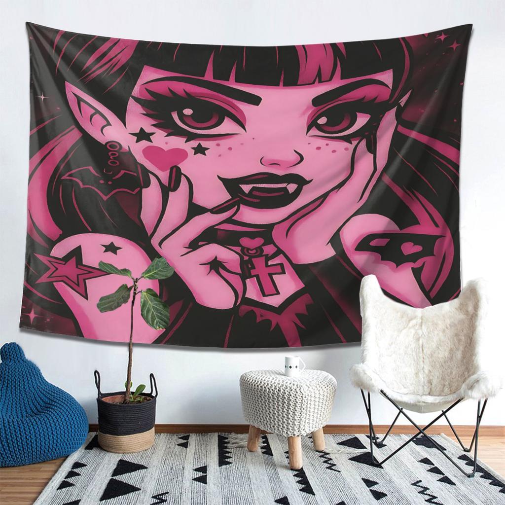 VIKAMA Dark Cool Vampire Girl Tapestry Gothic Style Personalized Wall Hanging House Renovation Backdrop Decoration