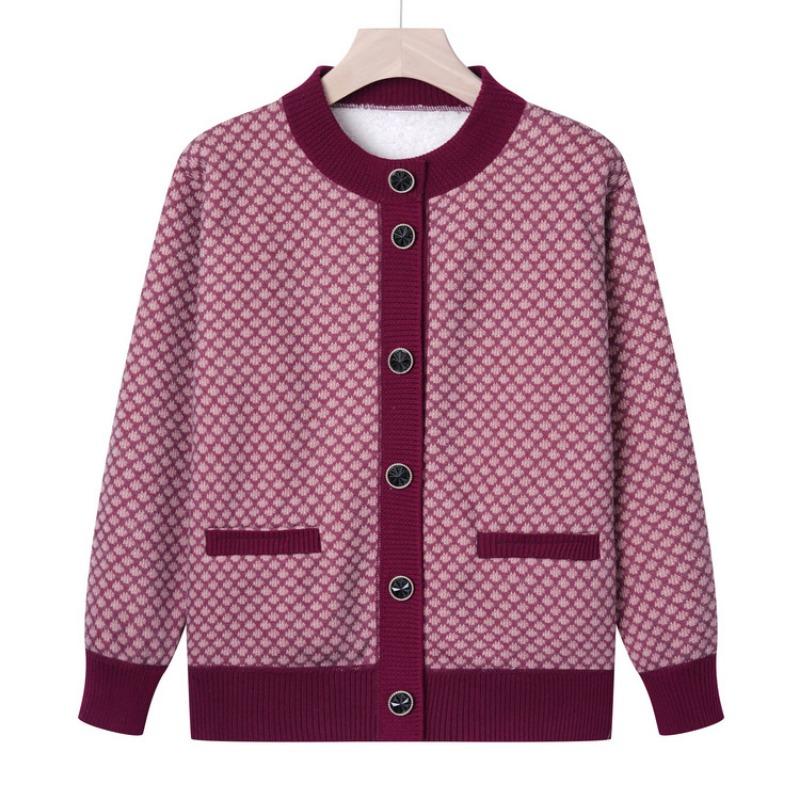 Middle-aged and old new mother clothes autumn velvet thickened knitted sweater grandma clothes cardigan jacket elderly clothes
